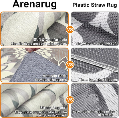 Indoor Outdoor Area Rug Washable Multicolored Patio Rug Tropical Botanical Modern Floral Indoor Outdoor Carpet Brown White Rug Non Slip Non Shedding for Patio, Deck, Backyard, Porch (5x8)