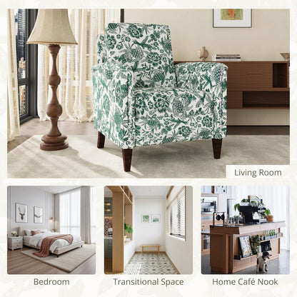 Floral Accent Chair, High Back Upholstered Armchair with Solid Wooden Legs, Padded Armrest and Removable Comfortable Cushioned Seat Single Sofa for Living Room, Bedroom, Green