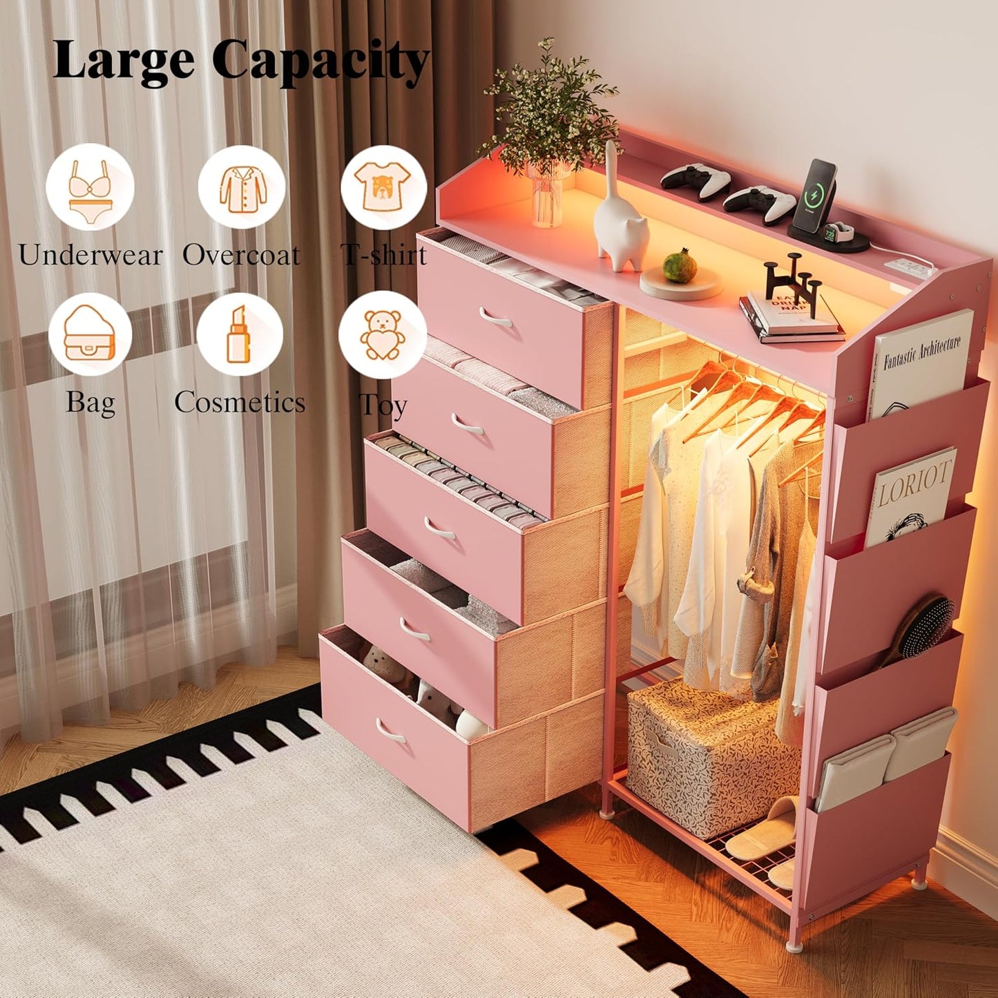LUMTOK 2-in-1 Dresser with Hanging Racks,5 Fabric Drawers Dressers with LED Lights, Charging Station for Bedroom Living Room, Entryway, Closets (Pink)