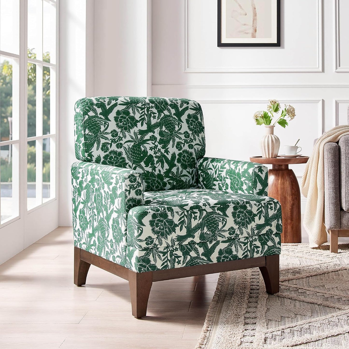 Floral Accent Armchair Set of 2, Retro Wingback Upholstered Armchair with Wide Dipped Back Design and Wooden Legs, High Back Armchair, Leisure Single Sofa Chair for Living Room, Bedroom, Green