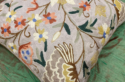 Beige Floral Pillow Cover Taupe Flower Traditional Hand Embroidered Pillowcase Traditional Outdoor Cushion Suzani Couch Flowery Needlepoint Chair Cushion Wool Size - 18x18