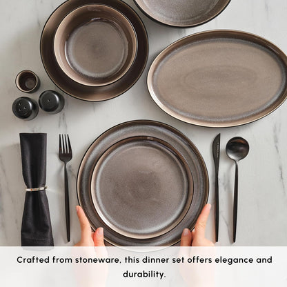 Karaca Mercure 59 Piece Stoneware Plates and Bowls Set, Reactive Glaze Black Dinner Set, Complete Kitchen Tableware Collection, Ideal Dinnerware for 12 People Dining Experience, Dishwasher Safe