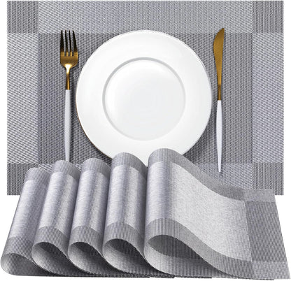 Placemats Set of 12 - Easy Clean Woven Vinyl Placemats for Dining Table, Indoor/Outdoor Place Mats, Washable PVC Table Mats （Silver Cube）