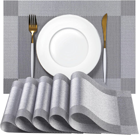 Placemats Set of 6 - Easy Clean Woven Vinyl Placemats for Dining Table, Indoor/Outdoor Place Mats, Washable PVC Table Mats （Silver Cube）