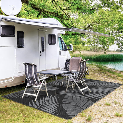 GENIMO Outdoor Rug 8' x 10' Waterproof for Patios Clearance, Reversible Outdoor Plastic Straw Camping Rug Carpet, Large Area Rugs Mats for RV, Camper, Deck, Balcony, Porch, Beach, Picnic, Black&Grey