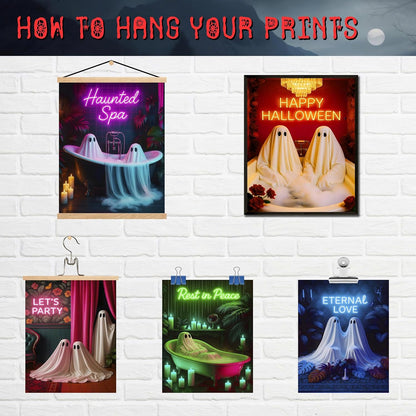 LANCHI95 Halloween Ghosts Wall Art Halloween Wall Art Gothic Romantic Couple Cute Ghost Wall Decor Pictures Horror Wall Decor for Living Room Bedroom, Set 9pcs - 8x10 in (UNFRAMED)