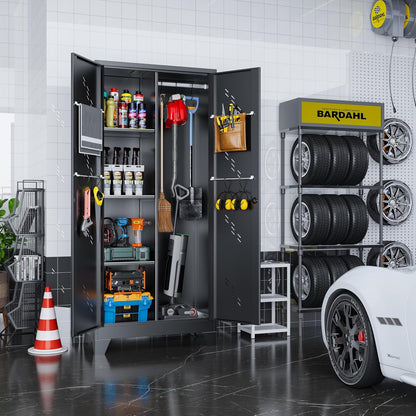 Metal Garage Storage Cabinet with Locking Doors, 71" Tall Broom Closet Storage Cabinet, Heavy Duty Garage Organization Cabinets, Steel Cabinet with Hanging Rod, Assembly Required
