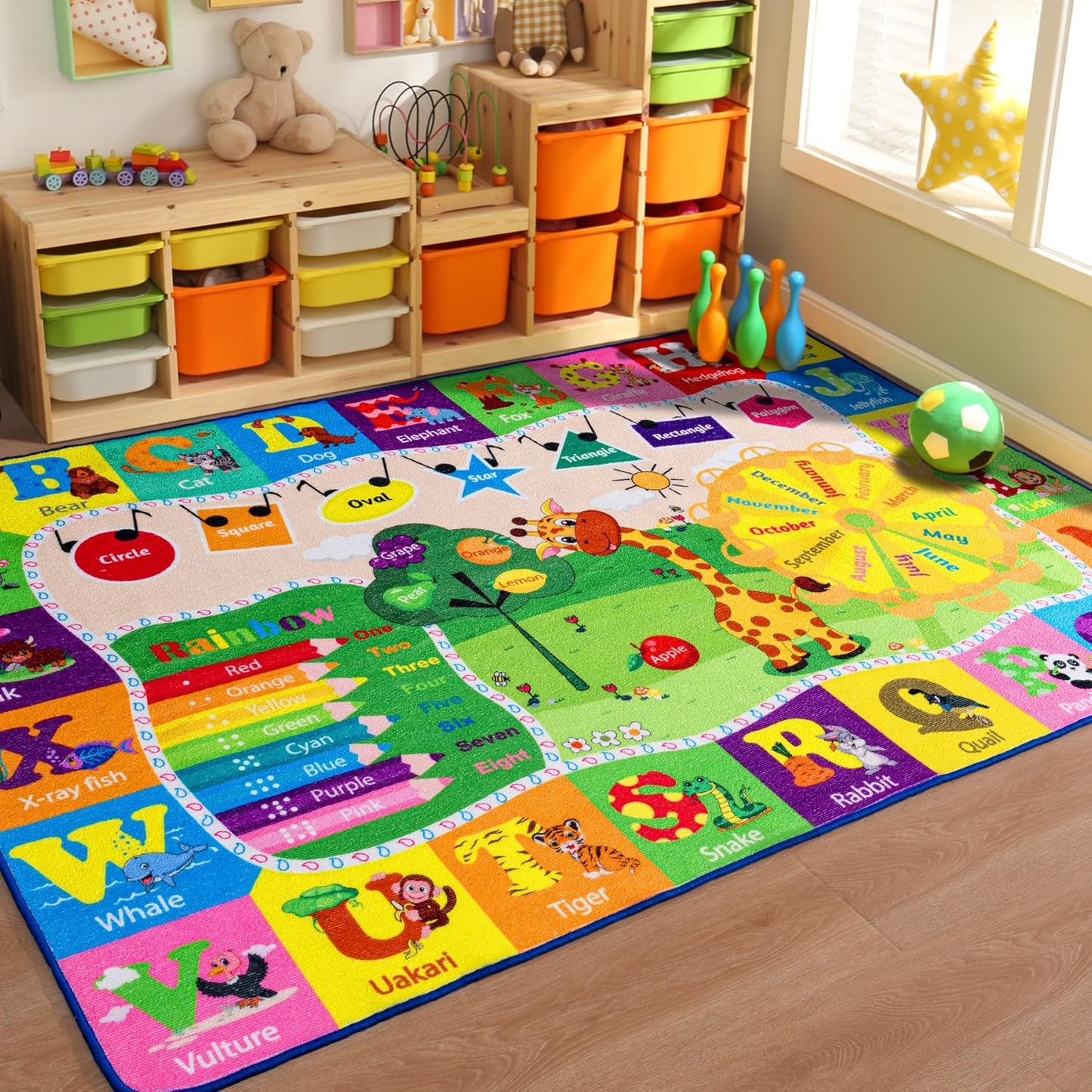 Kids Rugs for Playroom Washable, Educational and Fun Learning Rugs with ABC Alphabet Animals Shapes, Baby Toddler Children's Play Mat for Bedroom Classroom Nursery, 3x5 Feet