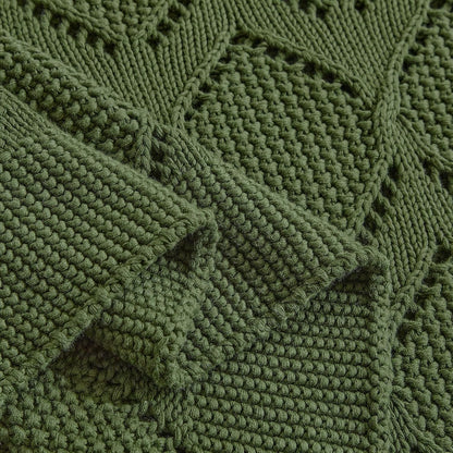 Longhui bedding Chunky Cotton Knit Throw Blanket for Couch, Sofa, Bed, or Chair, Decorative Breathable Fall Cable Knit Blanket 51 x 63 Inches, Olive Green