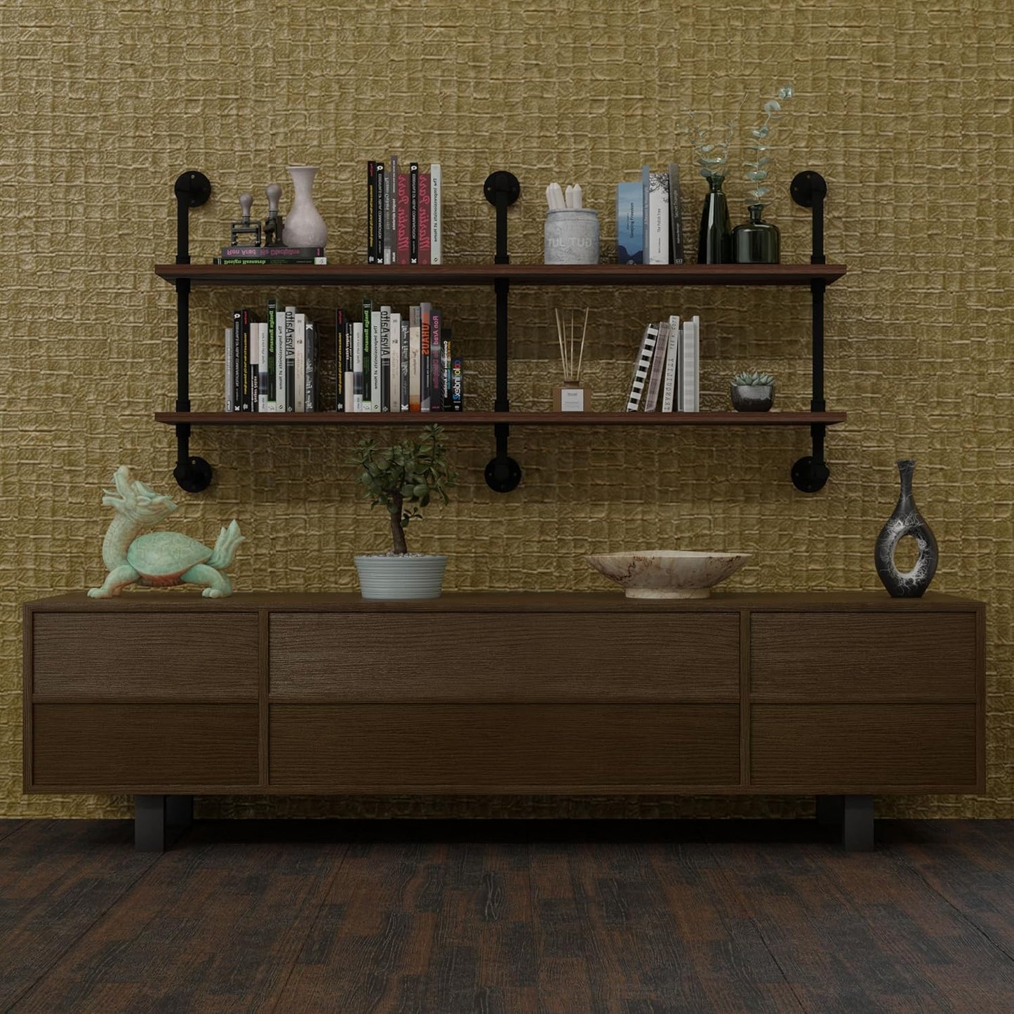 Industrial Pipe Wall Shelves Pipe Shelving with Real Wood Plank ,60 Inches Floating Shelves for Wall Farmhouse Pipe Book Shelves Dark Brown 2 Tier for Kitchen,Living Room Decor and Bar Shelving