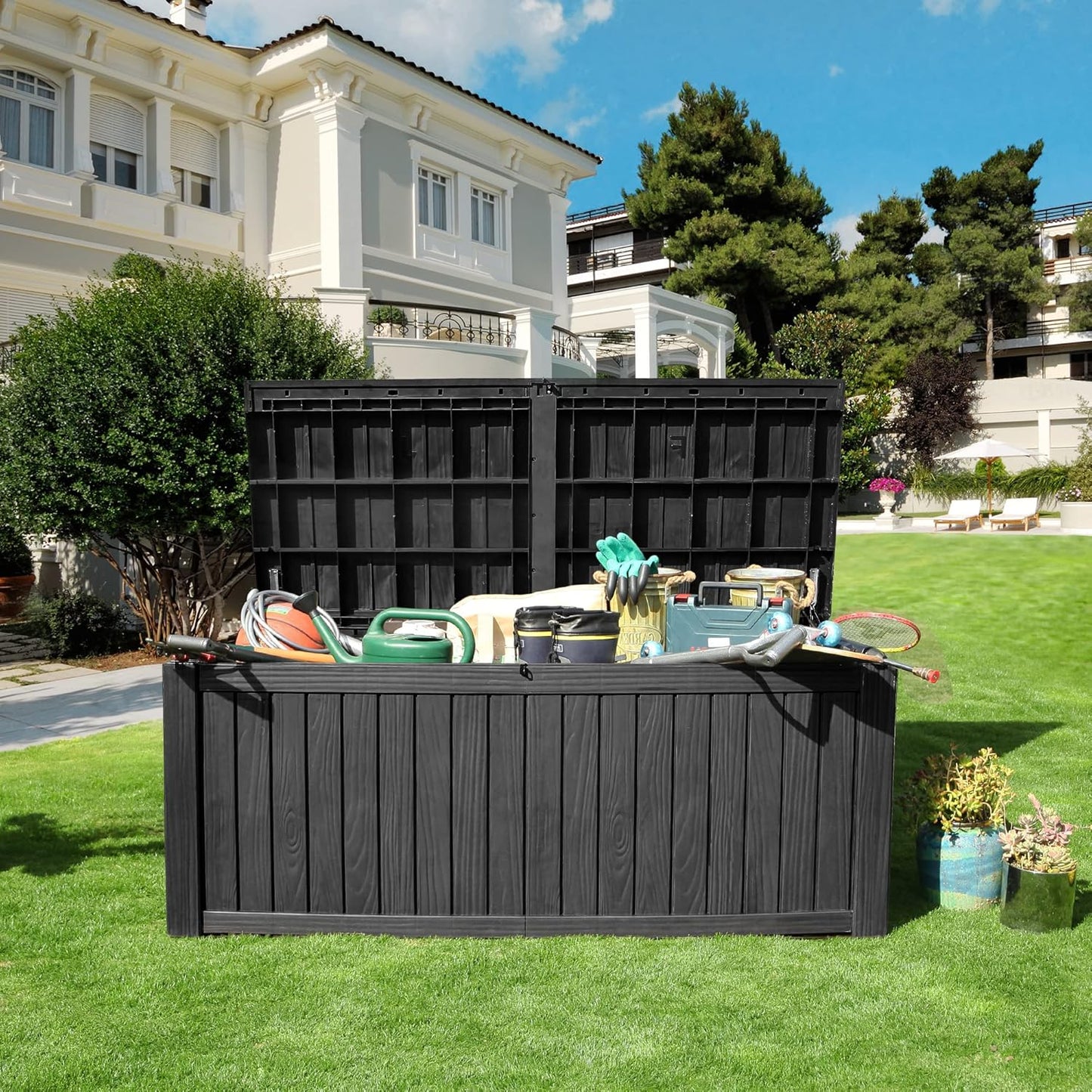 YITAHOME 150 Gallon Large Deck Box w/Divider, XL Waterproof Outdoor Storage for Patio Furniture,Outdoor Cushions, Garden Tools, Sports Equipment and Pool Supplies, Resin, Lockable, Black