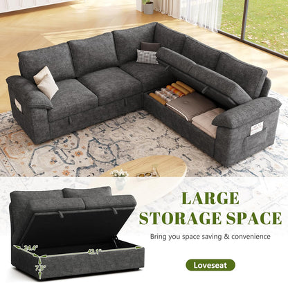 85 Inch Modular Sectional Sofa with Pull Out Bed,L Shaped 5 Seat Sectional Sleeper Sofa with Storage,Sectional Couches for Living Room,Cloud Modular Couch,Removable Sofa Cover,Dark Grey