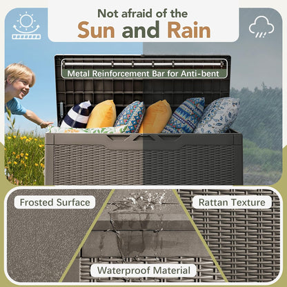 Flamaker Deck Box with Cushion 100 Gallon Waterproof Resin Storage Box with Air Rod Indoor Outdoor Lockable Storage Bench for Patio Furniture, Tools, Pool Accessories (Brown)