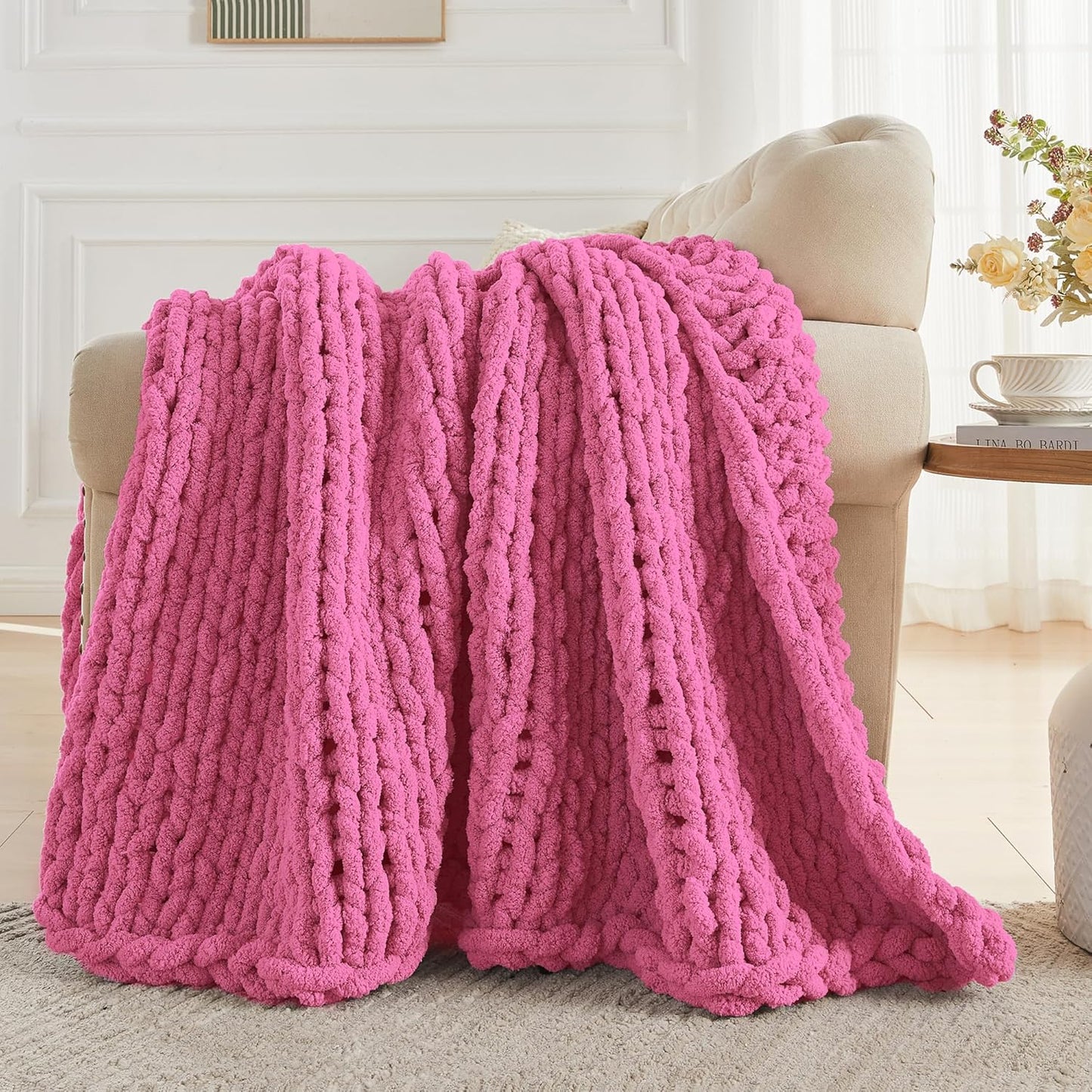 Carriediosa Chunky Knit Throw Blanket 50" X 60", 100% Hand Made Large Chenille Loop Yarn Soft Fluffy Throws for Couch Sofa Bed, Big Crochet Cozy Heavy Thick Cable Woven Blankets, Hot Pink