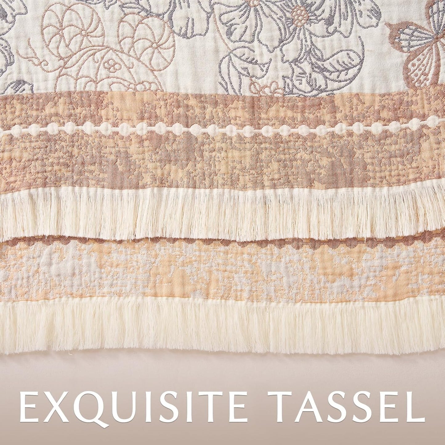 JINCHAN Boho Floral 100% Cotton Blanket 4-Layer Throw Blanket with Tassel Taupe and White Flower Butterfly Soft Luxury Rustic Farmhouse Decor Blanket for Couch Bed 80x90 inch All Season gift for women