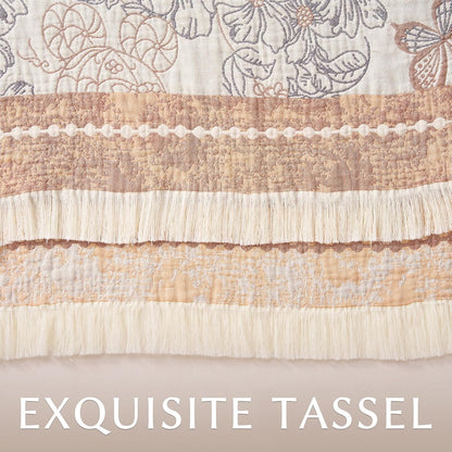 JINCHAN Boho Floral 100% Cotton Blanket 4-Layer Throw Blanket with Tassel Taupe and White Flower Butterfly Soft Luxury Rustic Farmhouse Decor Blanket for Couch Bed 60x80 inch All Season gift for women