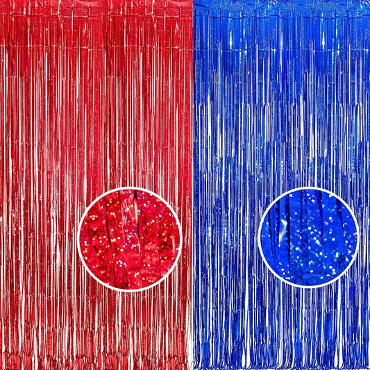 Foil Fringe Curtain 4th of July Decorations - Red Blue Metallic Tinsel Photo Booth Backdrop Party Steamers Curtains for Birthdays Christmas New Years Valentines Bachelorette Parties