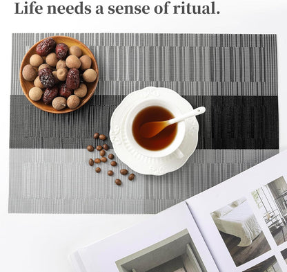 Leetaltree Grey with White Striped Placemats Set of 8 - Heat Resistant Non-Slip Place mats for Dining Table, Washable Durable PVC Vinyl Woven Table Mats（Grey Stripe, 8）