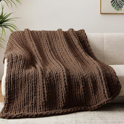 Chunky Knit Throw Blanket, 40''*50'' Knitted Throw Chenille Yarn for Bed Couch, Handmade Dark Brown Crochet Big Thick Blanket, Machine Washable Cute Comfy Blanket for Home Decor
