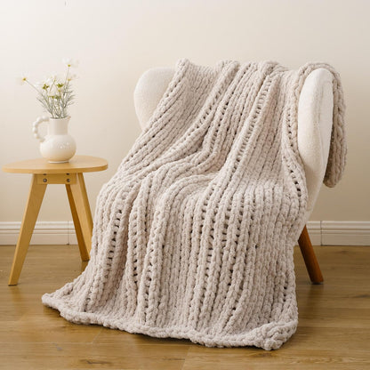Battilo Chunky Knit Throw Blanket, Soft and Thick Chenille Throw Blanket, 50"x60" Handmade Cable Knit Crochet Blanket, Large Rope Knot Throw Blankets for Couch Sofa Bed Home Decor, Taupe