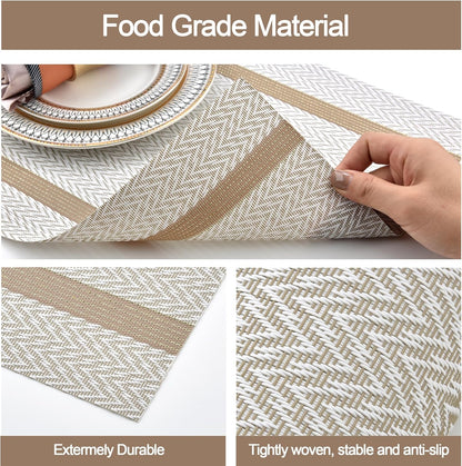 Beige White Placemats Set of 8 - Easy Clean Modern Durable Washable Vinyl Place Mats - Heat Resistant Placemats for Kitchen Table - PVC Table Mats for Dining Table (Beige White with Stripes, 8)