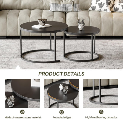 Round Nesting Coffee Table, Black Modern Decorative Coffee Center Table Set of 2,Round Sintered Stone 24'' Coffee Table for Living Room with Sturdy Metal Frame.