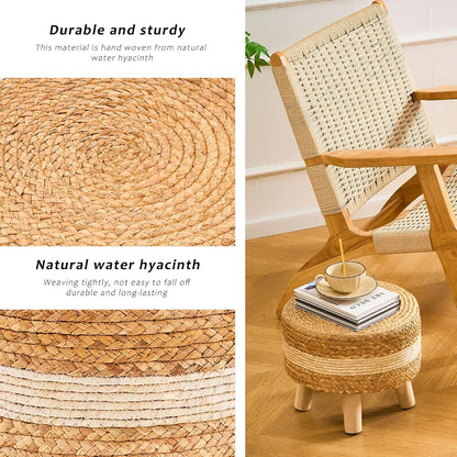 Handwoven Round Ottoman, Natural Water Hyacinth Outdoor Patio Pouf Seagrass Low Stool with Wood Legs, Soft Padded Footrest for Living Room Bedroom Garden, White