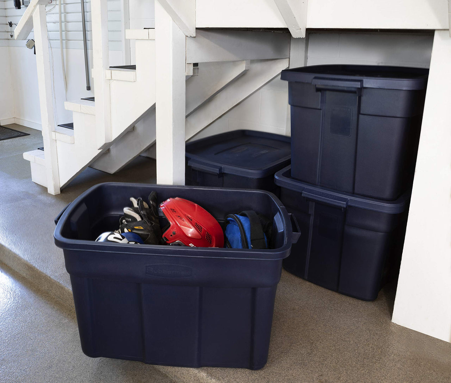 Rubbermaid Roughneck Tote 25 Gal, 4 Pack, Made in USA, Dark Indigo Metallic, Rugged Plastic