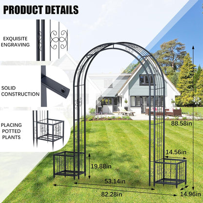 88in Steel Garden Arch Arbor Trellis with Planter Boxes for Climbing Plants Outdoor, Yard, Wide Sturdy Durable Garden Arch for Lawn,Outdoor Wedding Arch(Black)