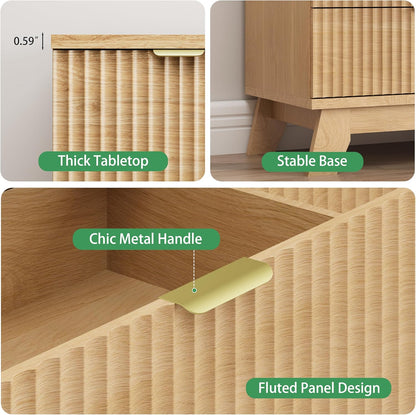 Fluted Dresser for Bedroom with 6 Drawers, 46" Tall Modern Chest of Drawers with Metal Handle, Wooden Dresser TV Stand, Wood Closet Clothes Storage Organizer for Living Room, Hallway, Natural Oak