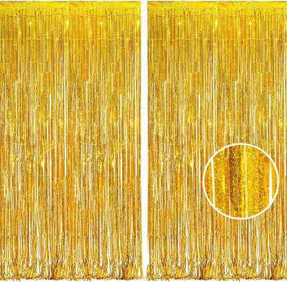 BRAVESHINE Gold Tinsel Foil Fringe Curtains - 2Pcs 3.2x8.2ft Holidays Photo Backdrop for Men 60th Birthdays/Bridal Wedding/Engagement/Anniversary/Hawaiian/Luau/Christmas/New Years Party Decorations