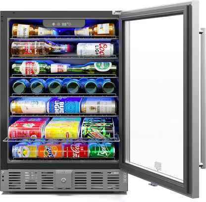 KoolMore 23.4??Inches Small Built-In Glass Door Refrigerator and Beverage Cooler for Soda Cans, 6 Wire Shelves, Adjustable Temperature Range [5.1 Cu. Ft.], 24" Inch (KM-BIR5C-GD)