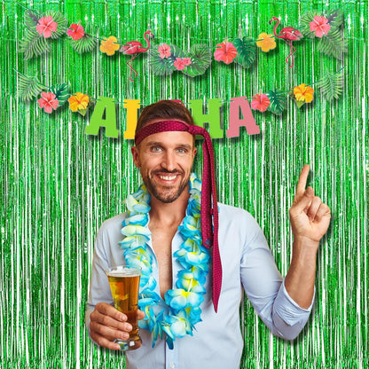 BRAVESHINE Green Metallic Tinsel Foil Fringe Curtains - 2 Pack 3.2 x 8.2 ft Metallic Photo Backdrop for Graduates-Theme/St Patricks Day/Hawaiian/Luau/Dinosaur/Jungle-Theme/Christmas Party Decorations