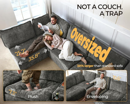 Oversized Modular Sofa Comfy Cloud Couch with Storage, Extra Deep Plush Sectional Sofa Set for Living Room, Covers Washable, Chenille, Olar (Grey, 6-Seater with 2 Ottomans, u-Shaped)