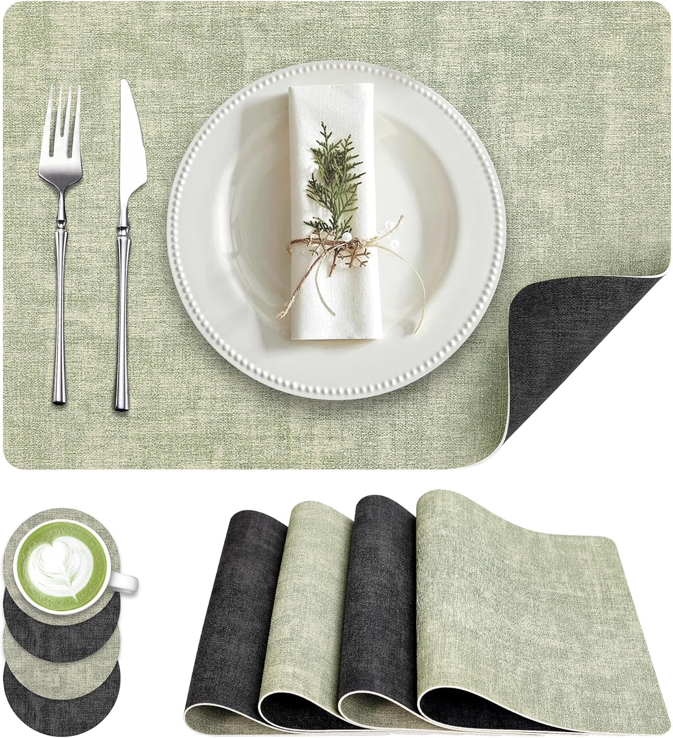 Faux Leather Dual Sided Placemats Set of 4, Square Non-Slip Heat Resistant Placemats with Coaster, Reversible wipeable Waterproof Table Mats for Kitchen, Dining, Outdoor (4, Black Light Green)