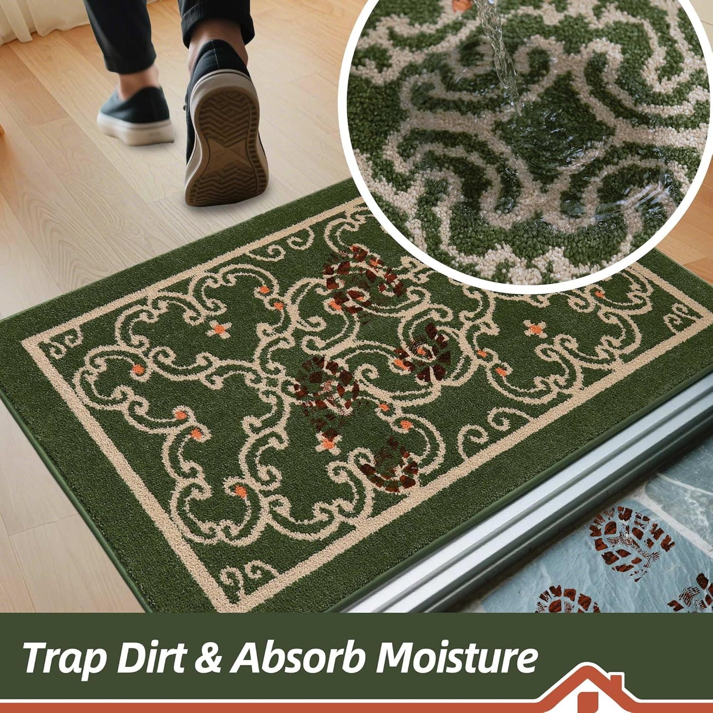 BEQHAUSE Dirt Trapper Door Mat 32" x 48", Non-Slip Entryway Rugs Washable, Floor Mat Stain Resistant and Absorbent Welcome Mat for Front Back Door, Muddy Wet Shoes & Paws, Green and Vining Floral