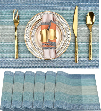 Placemats Set of 6 - Easy Clean Washable Vinyl Placemats - Wipeable Heat Resistant Table Mats for Dining Table - 17.7x11.8 Inch (6, Blue Gradient)