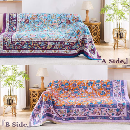 Fall Blanket for Bed, 100% Cotton Soft Rustic Boho Throw Blanket Quilt, 50"x60" Farmhouse Decor Bed Flower Blankets, Light Weight Reversible Bohemian Throw Quilt