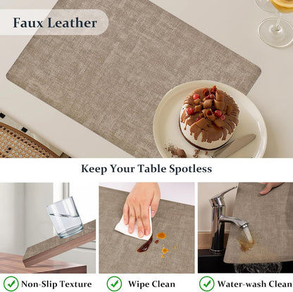 FROMHEART Faux Leather Placemats Set of 8–Waterproof,Heat/Oil Stain-Resistant PU Table Mat–Reversible,Non-Slip,Easy to Clean Place Mats for Kitchen,Dining,Indoor/Outdoor,(Light Coffee,11.8" x 17")