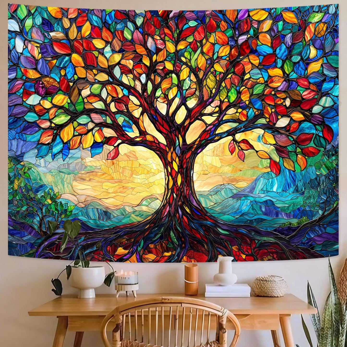 Lunerfex Tree of Life Tapestry Stained Glass Tapestry Wall Decor Tapestries for Bedroom Art Tapestries Wall Hanging for Bedroom Living Room Glass-Tree-01 44"x60"