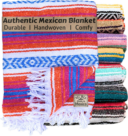 Del Mex Classic Mexican Blanket, Large Authentic Woven Falsa Throw (70"x50"), Artisan Southwest Décor for Beach, Yoga, Outdoors (Orange/Pink/Blue)