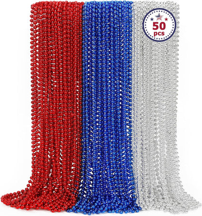4th of July Necklace Party Favors, 50PCS 4th of July Round Beads Necklace Bulk, Fourth of July Red Blue Silver Necklace, Independence Day Beads Bulk for Patriotic Parade Party Celebration Favor Decor