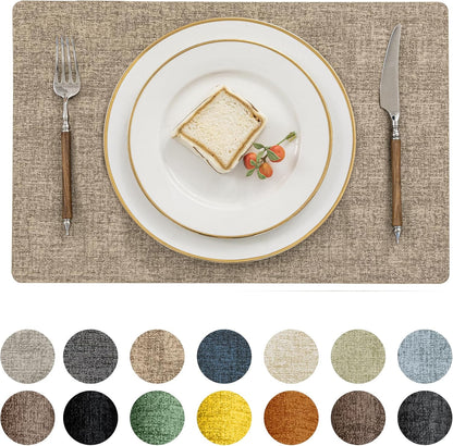 Romanstile Vinyl Placemats Set of 4-12 X 18 Inch - Heat Resistant Place Mats 100% Waterproof Oilproof Wipeable Reversible Faux Leather Table Mats for Kitchen/Dining/Party/Outdoor, Khaki