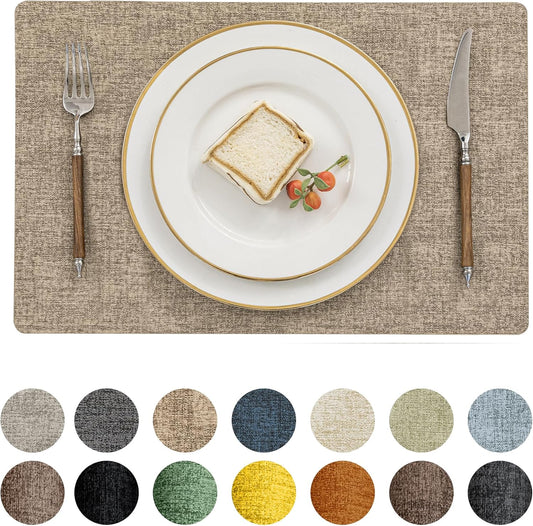 Romanstile Vinyl Placemats Set of 6-12 X 18 Inch - Heat Resistant Place Mats 100% Waterproof Oilproof Wipeable Reversible Faux Leather Table Mats for Kitchen/Dining/Party/Outdoor, Khaki