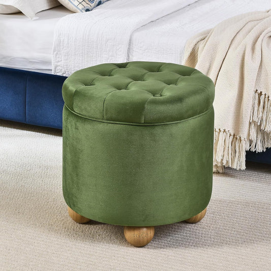 Furniliving Upholstered Button Tufted Round Ottoman, Velvet Storage Ottomans Round, Removable Lid Convenient Footstools, Bedroom Ottoman with Storage for Vanity, Living Room, Green