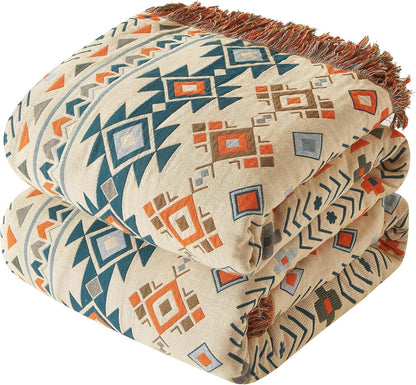 Boho Throw Blanket for Couch Sofa Bed, 100% Cotton Woven Quilt with Tassel 80”x90”, Super Soft Muslin Blanket with Patchwork Printed, Decorative Reversible Bed Blanket/Cover for All Seasons