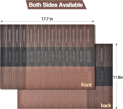 Placemats Set of 8 - Easy Clean Modern Durable Washable Vinyl Place Mats - Heat Resistant Placemats for Kitchen Table - PVC Table Mats for Dining Table (Brown Black, 8)