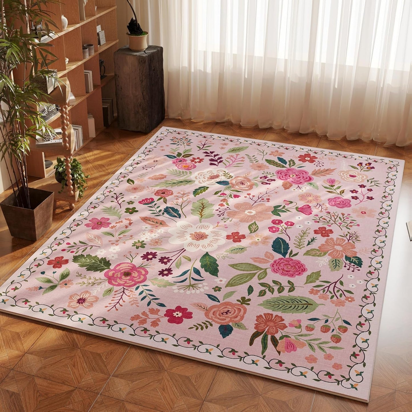 Bedroom Rug 3x5 Rug Washable Area Rug Non Slip Low Pile Boho Floral Small Carpet for Bedroom, Bedside, Kitchen, Entryway, Kids Room, Office, College Dorm Essentials for Girls(Pink)