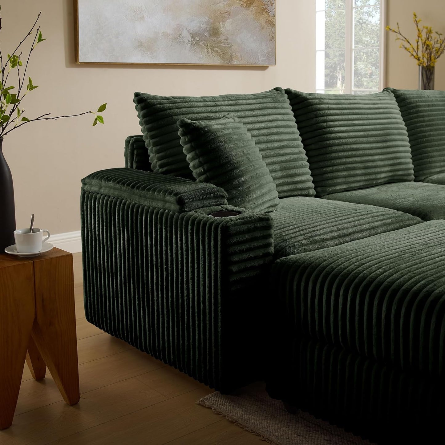 Modular Sectional Sofa Couch, Plush Corduroy Fabric Sectional Couches for Living Room with USB Charging Ports, Phone Holders, and Multi-Functional Storage Armrests (Green, 4set+2ottoman)