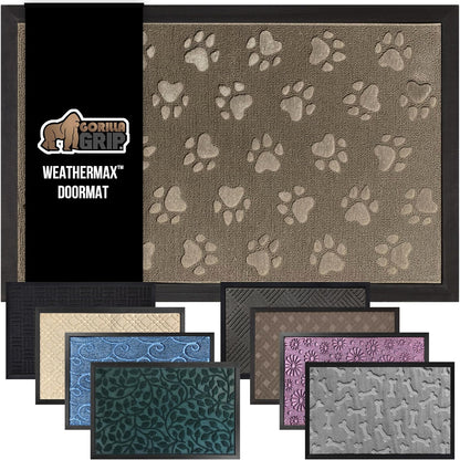GORILLA GRIP 100% Waterproof All-Season WeatherMax Doormat 35x23, US Designed Natural Rubber, Stain and Fade Resistant, Low Profile Indoor Outdoor Door Mats, Easy Clean Patio Mat, Tan Pawprints